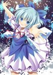  :d blue_eyes blue_hair blush cirno ice ice_wings nogi_takayoshi open_mouth outstretched_arms smile snowflakes solo touhou wings 