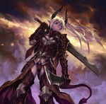  armor blonde_hair blue_eyes breasts cleavage full_armor horns long_hair medium_breasts over_shoulder pixiv_fantasia pixiv_fantasia_fallen_kings pointy_ears shinazo solo sword sword_over_shoulder tail twintails weapon weapon_over_shoulder 