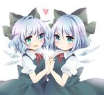  alternate_hairstyle bad_id bad_pixiv_id black_hair blue_dress blue_hair bow cirno commentary dress dual_persona fang hair_bow heart holding_hands ice ice_wings interlocked_fingers kuromame_(8gou) multiple_girls open_mouth puffy_short_sleeves puffy_sleeves shirt short_sleeves touhou wavy_mouth wings 
