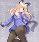  animal_ears blonde_hair blush cat_ears cat_tail glasses long_hair military military_uniform one_eye_closed pantyhose perrine_h_clostermann saber_(weapon) shiromisoaji smile solo strike_witches sword tail thighband_pantyhose uniform weapon world_witches_series yellow_eyes 