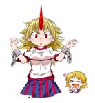  :d :o ^_^ blonde_hair blush_stickers breast_lift breasts byourou closed_eyes drooling horn hoshiguma_yuugi long_hair medium_breasts mizuhashi_parsee multiple_girls oni open_mouth pointy_ears red_eyes rei_no_himo ribbon short_hair simple_background smile touhou white_background 
