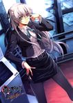  1girl bespectacled business_suit eiyuu_densetsu elie_macdowell falcom glasses long_hair solo stockings thighhighs 