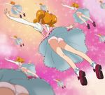  ass blurry bobby_socks breasts curly_hair depth_of_field dress flying from_behind full_body go!_princess_precure gradient gradient_background hair_ribbon haruyama_kazunori ichijou_ranko kneepits lace lace-trimmed_panties legs long_sleeves mary_janes multiple_girls multiple_persona orange_hair outstretched_arms panties pantyshot pink_dress pink_panties platform_footwear precure puffy_long_sleeves puffy_sleeves ribbon shirt shoes short_hair short_twintails small_breasts socks sparkle spread_arms twintails underwear upskirt white_legwear white_shirt 