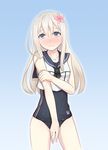  bare_back bare_shoulders blue_eyes blush cosplay cowboy_shot embarrassed flower hair_flower hair_ornament kantai_collection long_hair looking_at_viewer md5_mismatch neckerchief one-piece_swimsuit pale_skin ro-500_(kantai_collection) ro-500_(kantai_collection)_(cosplay) sailor_collar school_swimsuit seatollead solo swimsuit swimsuit_under_clothes tears u-511_(kantai_collection) white_hair 
