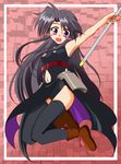  black_hair black_legwear blush_stickers boots fang long_hair lyrical_nanoha mahou_shoujo_lyrical_nanoha navel navel_cutout oko_jo open_mouth precia_testarossa purple_eyes side_slit solo staff thighhighs very_long_hair younger 