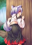  against_wall animal_ears bare_shoulders blush detached_sleeves fun_bo inubashiri_momiji long_sleeves looking_at_viewer looking_back red_eyes shirt skirt solo tail touhou wavy_mouth wide_sleeves wolf_ears wolf_tail 
