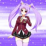  black_skirt blazer blush bow bowtie chiyo_(no3baki) fujiwara_yukino hand_on_own_chest jacket long_hair looking_at_viewer purple_hair red_eyes school_uniform skirt smile tag_force thighhighs twintails white_legwear yuu-gi-ou zettai_ryouiki 