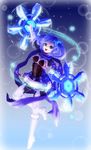  :d blue_eyes blue_hair chiyo_(no3baki) dance_princess_of_the_ice_barrier duel_monster gradient gradient_background hair_ornament looking_at_viewer open_mouth purple_scarf scarf smile snowflakes solo twintails weapon yuu-gi-ou 