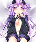  adult_neptune blush breast_squeeze breasts cleavage cross_hair_ornament hair_ornament hood hoodie large_breasts long_hair looking_at_viewer minagi naked_hoodie naked_sweater navel neptune_(series) open_clothes petite purple_hair shin_jigen_game_neptune_vii solo sweater tareme undressing zipper 