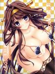  1girl blush breast_hold breasts brown_hair choco_box choco_chip cleavage erect_nipples female highres kantai_collection kongou_(kantai_collection) large_breasts long_hair looking_at_viewer purple_eyes sitting smile solo thighhighs underboob very_long_hair 