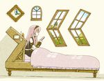  bed bedroom character_name clock commentary kanji long_hair megurine_luka pink_hair sitting smile solo very_long_hair vocaloid yoshinomi_(torino-su) 