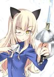  ;o animal_ears blonde_hair blush cat_ears cravat glasses long_hair military military_uniform one_eye_closed open_mouth perrine_h_clostermann rapier solo strike_witches sword uniform weapon world_witches_series yellow_eyes yuzuyoukan 