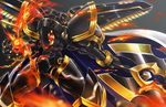  alphamon alphamon_ouryouken armor cape digimon epic fire flames full_armor highres kyå«kyoku_senjin_ouryå«ken monster no_humans royal_knights seraphwia solo spikes sword weapon wings yellow_eyes 