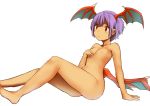  1girl breasts demon_wings female head_wings lavender_hair lilith_aensland nude red_eyes short_hair simple_background sitting small_breasts solo tenteco_(covamin) vampire_(game) white_background wings 