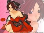  artist_name bare_shoulders breasts brown_eyes brown_hair cleavage dengeki_g-net hat imigimuru japanese_clothes kimono large_breasts resized short_hair sitting solo yokozuwari zoom_layer 