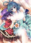  blue_eyes blue_hair blush breasts breasts_outside censored convenient_censoring hair_ornament hair_stick hat kaku_seiga large_breasts lying miyako_yoshika multiple_girls nogi_takayoshi petals purple_eyes purple_hair steam steam_censor touhou yuri 