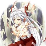  bamboo bamboo_forest bow deetamu fire flame forest fujiwara_no_mokou full_moon hair_bow hair_ribbon long_hair looking_at_viewer moon nature night open_fly pants red_eyes ribbon shirt short_sleeves silver_hair sky smile solo suspenders torn_clothes torn_sleeves touhou tress_ribbon unzipped very_long_hair 