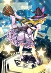  bent_over black_dress blonde_hair bloomers bow broom broom_ribbon commentary_request dress hat hat_bow kirisame_marisa looking_at_viewer looking_back puffy_short_sleeves puffy_sleeves shirt short_sleeves smile solo star touhou umigarasu_(kitsune1963) underwear upskirt witch_hat 