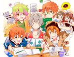  6+boys :3 ? ahoge aoi_kyousuke aoi_yuusuke beamed_eighth_notes blush book brothers brown_hair doughnut food glasses green_eyes green_hair grey_eyes homework idolmaster idolmaster_side-m kiyose_akame kizaki_ren male_focus mizushima_saki multiple_boys musical_note nekoyanagi_kirio orange_eyes orange_hair otoko_no_ko paper pencil pink_hair ponytail siblings smile spoken_food spoken_musical_note spoken_skull spoken_squiggle squiggle sweat sweatband uzuki_makio w_(idolmaster) wakazato_haruna 