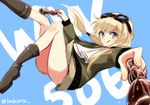  &gt;:) blonde_hair blue_eyes boots bottle brown_footwear carla_j_luksic drink goggles goggles_on_head holding kodamari long_hair long_sleeves low_twintails noble_witches smile solo tongue tongue_out twintails twitter_username v-shaped_eyebrows world_witches_series 