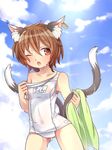  animal_ears blue_sky brown_hair cat_ears chen cloud couch day ear_piercing fang ibaraki_natou jewelry multiple_tails nekomata one-piece_swimsuit one_eye_closed open_mouth outdoors piercing red_eyes school_swimsuit single_earring sky solo strap_slip swimsuit tail touhou towel wet white_school_swimsuit white_swimsuit 