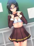  black_hair blue_eyes bra breasts cleavage glasses hibike!_euphonium long_sleeves looking_at_viewer medium_breasts midriff neko_kuruto pleated_skirt shirt_lift skirt skirt_lift smile solo tanaka_asuka thighs underwear 