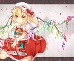  asymmetrical_hair asymmetrical_wings birdcage blonde_hair bug butterfly cage dress flandre_scarlet flower hat insect looking_at_viewer mob_cap mokyuko puffy_short_sleeves puffy_sleeves red_dress shirt short_sleeves side_ponytail sitting sleeveless sleeveless_dress solo tears touhou white_shirt wings 