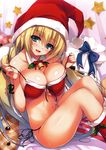  1girl absurdres bell bikini blonde_hair blue_eyes blush breasts christmas cleavage comic_potpourri_club female front-tie_top hat highres large_breasts long_hair navel open_mouth santa_hat smile solo swimsuit tomose_shunsaku 