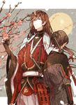  black_hair blue_eyes braid cherry_blossoms full_moon horikawa_kunihiro izumi-no-kami_kanesada japanese_clothes katana long_hair male_focus moon multiple_boys rookya side_braid snowing sword touken_ranbu tree wakizashi weapon 