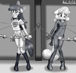  2015 absurd_res aged_up anibaruthecat anthro anthrofied apple_bloom_(mlp) bdsm bondage boots bound bow clothing costume crying duo earth_pony equine friendship_is_magic greyscale hair hi_res horn horse long_hair mammal monochrome my_little_pony navel open_mouth panties panties_down pony pussy pussy_juice restrained skirt sweetie_belle_(mlp) tears torn_clothing two_tone_hair underwear unicorn 