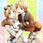  america_(hetalia) axis_powers_hetalia bad_id bad_pixiv_id bear belt blonde_hair blue_eyes bomber_jacket brothers canada_(hetalia) coat fur glasses gloves goggles holding_hands jacket kumajirou_(hetalia) male_focus migu multiple_boys necktie polar_bear siblings 