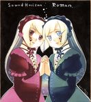  absurdres blonde_hair blue_eyes colored_pencil_(medium) hairband highres holding_hands hortense lolita_fashion lolita_hairband long_hair marker_(medium) multiple_girls red_eyes roman soga_shiina sound_horizon tattoo traditional_media violette 