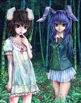  animal_ears bamboo bamboo_forest brown_hair bunny_ears dress flower forest inaba_tewi jacket kabaji legs long_hair multiple_girls nature necktie oil_painting_(medium) open_mouth pleated_skirt purple_eyes purple_hair red_eyes reisen_udongein_inaba shirt short_hair skirt smile touhou traditional_media white_shirt 