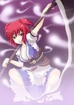  breasts cleavage hair_bobbles hair_ornament large_breasts onozuka_komachi red_eyes red_hair saki_chisuzu scythe short_hair solo squatting touhou two_side_up 