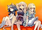  animal_ears armpits arms_behind_head arms_up blonde_hair blue_hair book cat_ears copyright_request dress legs multiple_girls orange_eyes purple_eyes reading silver_hair sitting skirt socks tail xexu 