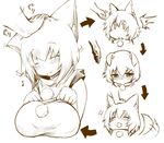  :&gt; :3 animal_ears bad_anatomy bad_proportions blush breasts brown directional_arrow happy inubashiri_momiji large_breasts monochrome musical_note petting sad sequential shinobe solo tail tail_wagging tears touhou wolf_ears wolf_tail 