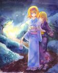  alice_margatroid blonde_hair braid cotton_candy hairband japanese_clothes kimono kirisame_marisa multiple_girls one_eye_closed sandals shiroaisa touhou traditional_media watercolor_(medium) yukata yuri 