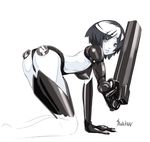  arm_cannon arm_support artist_request ass bent_over black_hair blame! blush cyborg graviton_beam_emitter gun looking_back sanakan short_hair silver_eyes solo weapon 