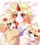  angry blonde_hair blush child green_eyes hazuki_kasane horn hoshiguma_yuugi hug mizuhashi_parsee multiple_girls pointy_ears red_eyes sweatdrop touhou 