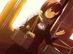  bag blush brown_eyes brown_hair dusk koikeya original scarf smile solo train_interior uniform watch window wristwatch 