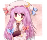  bad_id bad_pixiv_id blush book book_hug hat holding holding_book long_hair looking_at_viewer mio_18navel patchouli_knowledge polka_dot polka_dot_background purple_eyes purple_hair ribbon solo touhou upper_body 