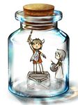  1girl barefoot bomb bottle box brown_hair chibi cork crate glass horns ico ico_(character) in_bottle in_container jar tabard takitate white_hair yorda 