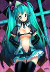  aqua_eyes aqua_hair black_rock_shooter blue_eyes breasts cleavage detached_sleeves hatsune_miku headphones headset heterochromia highres large_breasts long_hair mhk_(mechamania) navel necktie panties skirt solo striped striped_panties thighhighs twintails underwear very_long_hair vocaloid 