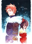  1girl back-to-back bleach brown_eyes brown_hair coat fur_trim hat highres kuchiki_rukia kurosaki_ichigo orange_eyes orange_hair red_coat signature soga_shiina traditional_media watercolor_(medium) 