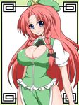  blue_eyes blush braid breasts china_dress chinese_clothes cleavage dress hong_meiling large_breasts long_hair red_hair solo touhou twin_braids zefyu 