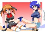  bare_shoulders blue_eyes blue_hair blush breasts covered_nipples green_eyes knee_pads large_breasts lyrical_nanoha mahou_shoujo_lyrical_nanoha_strikers midriff multiple_girls open_fly orange_hair short_hair shorts subaru_nakajima teana_lanster thighhighs twintails unzipped zerosu_(take_out) 