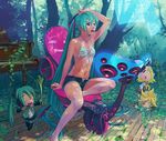  &gt;_&lt; 3girls aqua_eyes aqua_hair armpits bikini bikini_top chibi closed_eyes dappled_sunlight flat_chest forest front-tie_top grass hatsune_miku instrument kagamine_len kagamine_rin long_hair multiple_girls nature piano reise sheet_music shorts sitting spring_onion sunlight swimsuit twintails very_long_hair vocaloid 