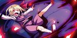  :d blonde_hair fang fire hair_ribbon hitodama kumadano open_mouth outstretched_arms red_eyes ribbon rumia short_hair smile solo spread_arms touhou 
