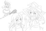  azuma_takeshi_(andon_kandelaar) balancing bat_wings braid broom fang flandre_scarlet greyscale hat headwear_switch highres kirisame_marisa lineart long_hair monochrome multiple_girls one_side_up ponytail remilia_scarlet short_hair touhou transparent_background vampire wings witch_hat 