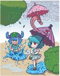  backpack bag blue_eyes blue_hair geta hair_bobbles hair_ornament hat heterochromia karakasa_obake kawashiro_nitori key morlyp multiple_girls purple_umbrella rain red_eyes sandals short_hair tatara_kogasa tongue touhou twintails two_side_up umbrella 